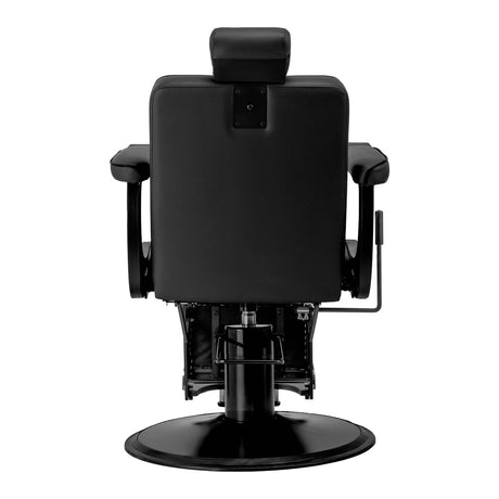 Gabbiano Visionerio black barber chair with black frame, plush cushioning, and adjustable headrest for barbershop use.