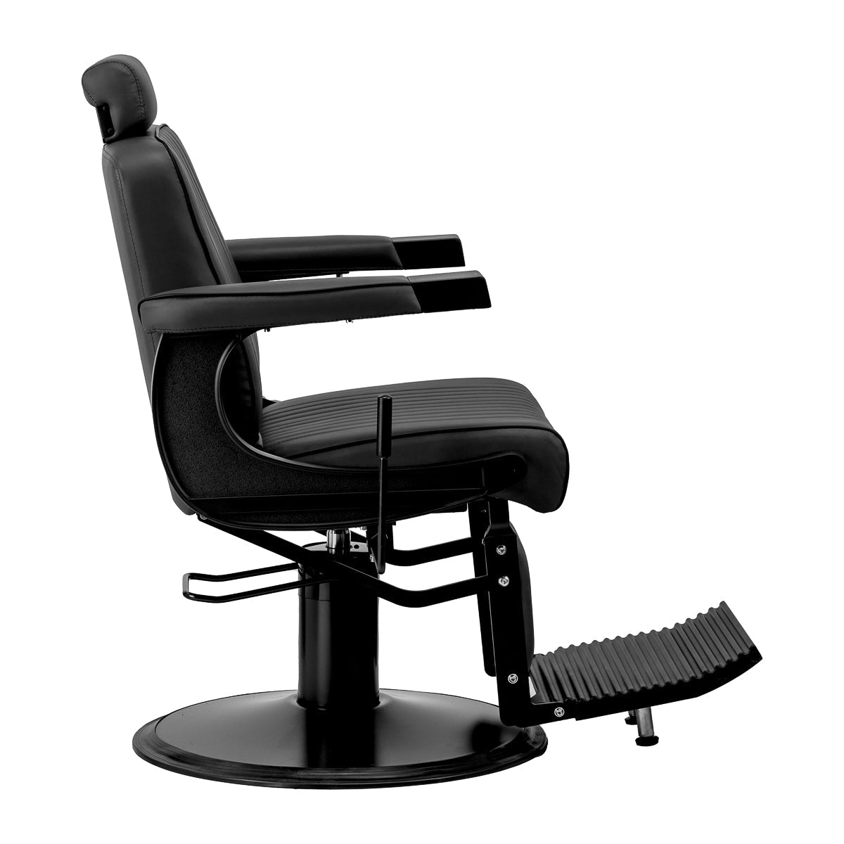 Black Gabbiano Visionerio barber chair with matching black frame, featuring cushioned seat and backrest for barbershop use.
