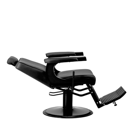 Gabbiano Visionerio black barber chair with black frame, adjustable seat and backrest, designed for barbershop furniture.