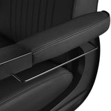 Black Gabbiano Visionerio barber chair with black frame, featuring plush upholstery and adjustable headrest for barbershop use.