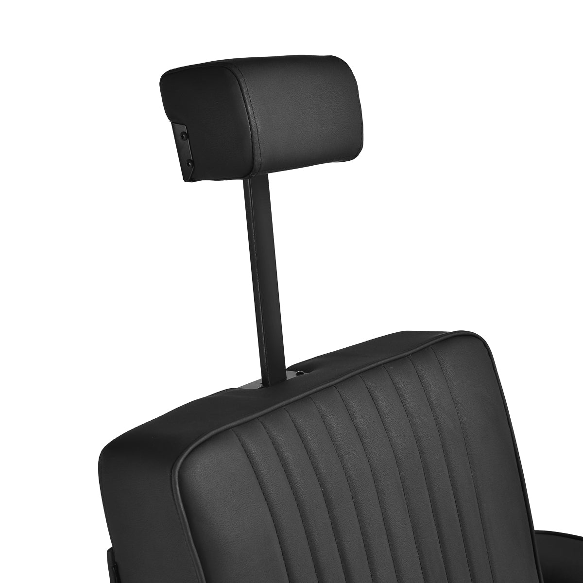 Gabbiano Visionerio black barber chair with matching black frame, featuring padded upholstery and adjustable height for barbershop use.