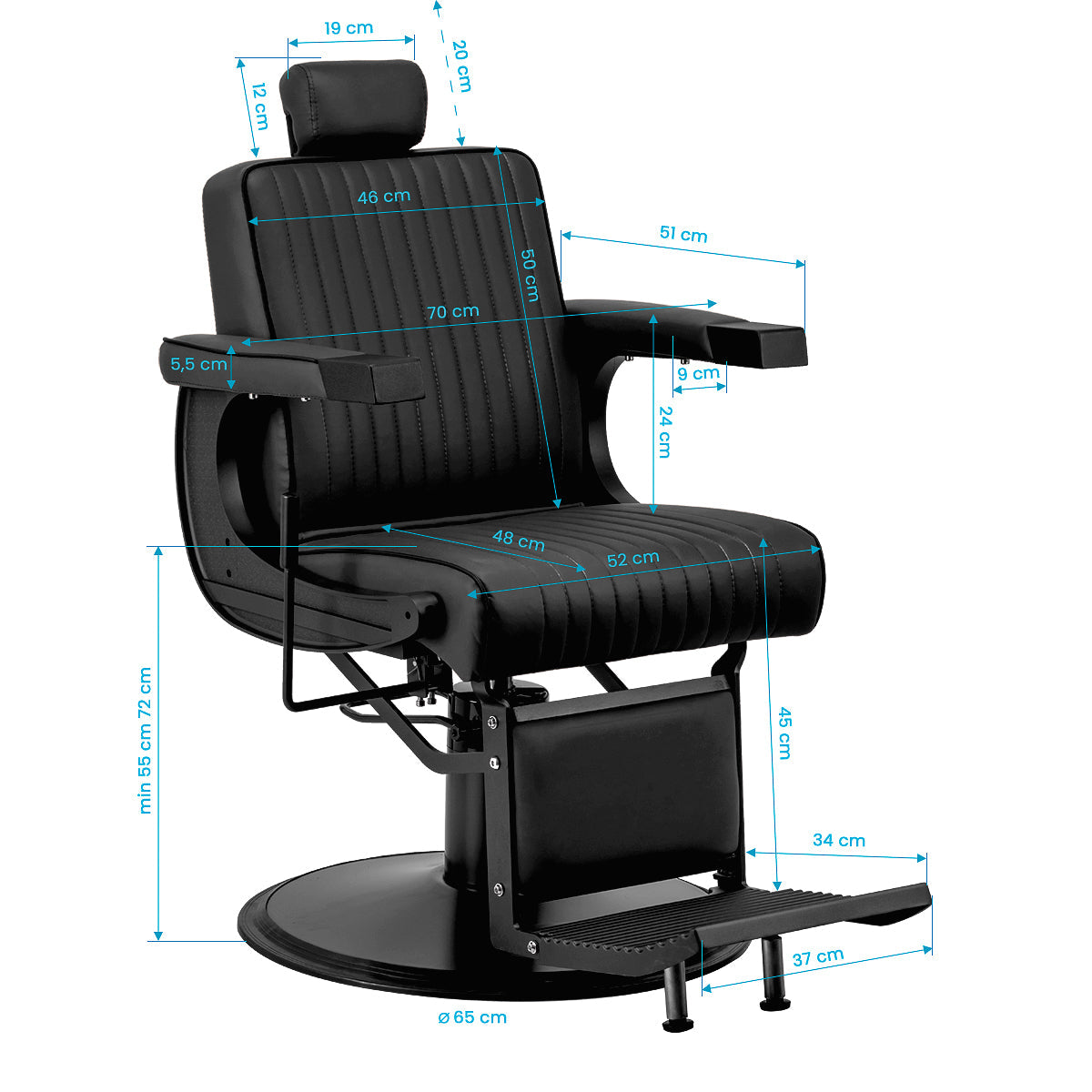 Gabbiano Visionerio black barber chair with matching black frame, plush upholstery, and adjustable headrest for barbershop use.