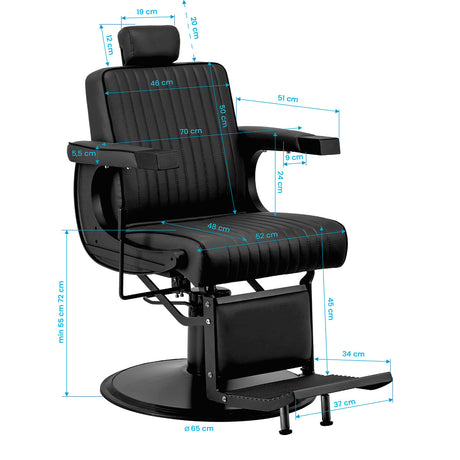 Gabbiano Visionerio black barber chair with matching black frame, plush upholstery, and adjustable headrest for barbershop use.