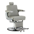 Gabbiano Visionerio grey barber chair with chrome frame, plush upholstery, and adjustable headrest, ideal for barbershop furniture.