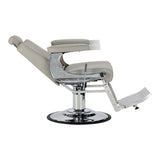 Gabbiano Visionerio barber chair with grey upholstery and chrome frame, stylish barbershop furniture.