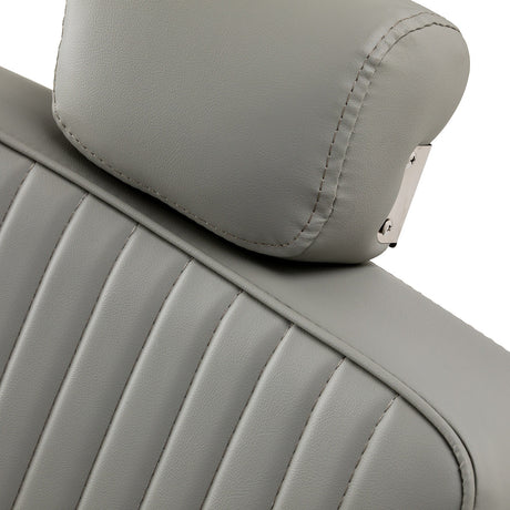 Gabbiano Visionerio barber chair with grey upholstery and chrome frame, designed for barbershop furniture.