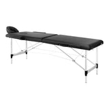 BALANCE aluminium folding massage table with black upholstery, featuring two adjustable segments for professional massage therapy.