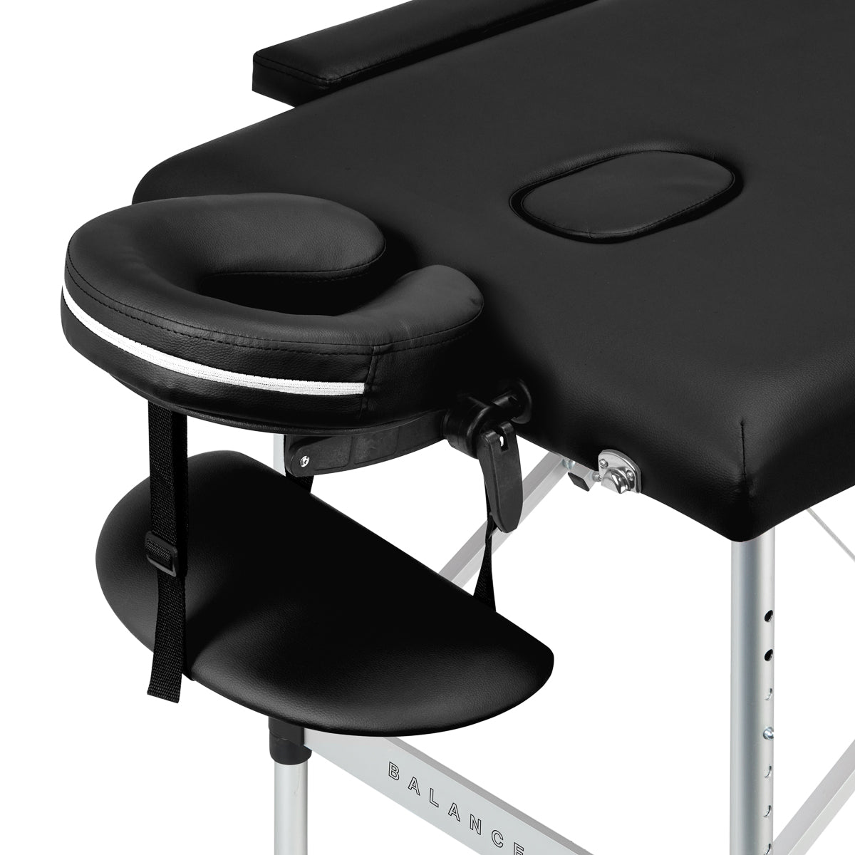BALANCE aluminium folding massage table with two segments in black, featuring a sturdy, portable design for professional massage therapy