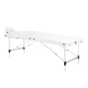 BALANCE aluminium folding massage table with three segments in white, designed for professional massage therapy and portability.