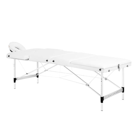 BALANCE aluminium folding massage table with three segments in white, designed for professional massage therapy and portability.