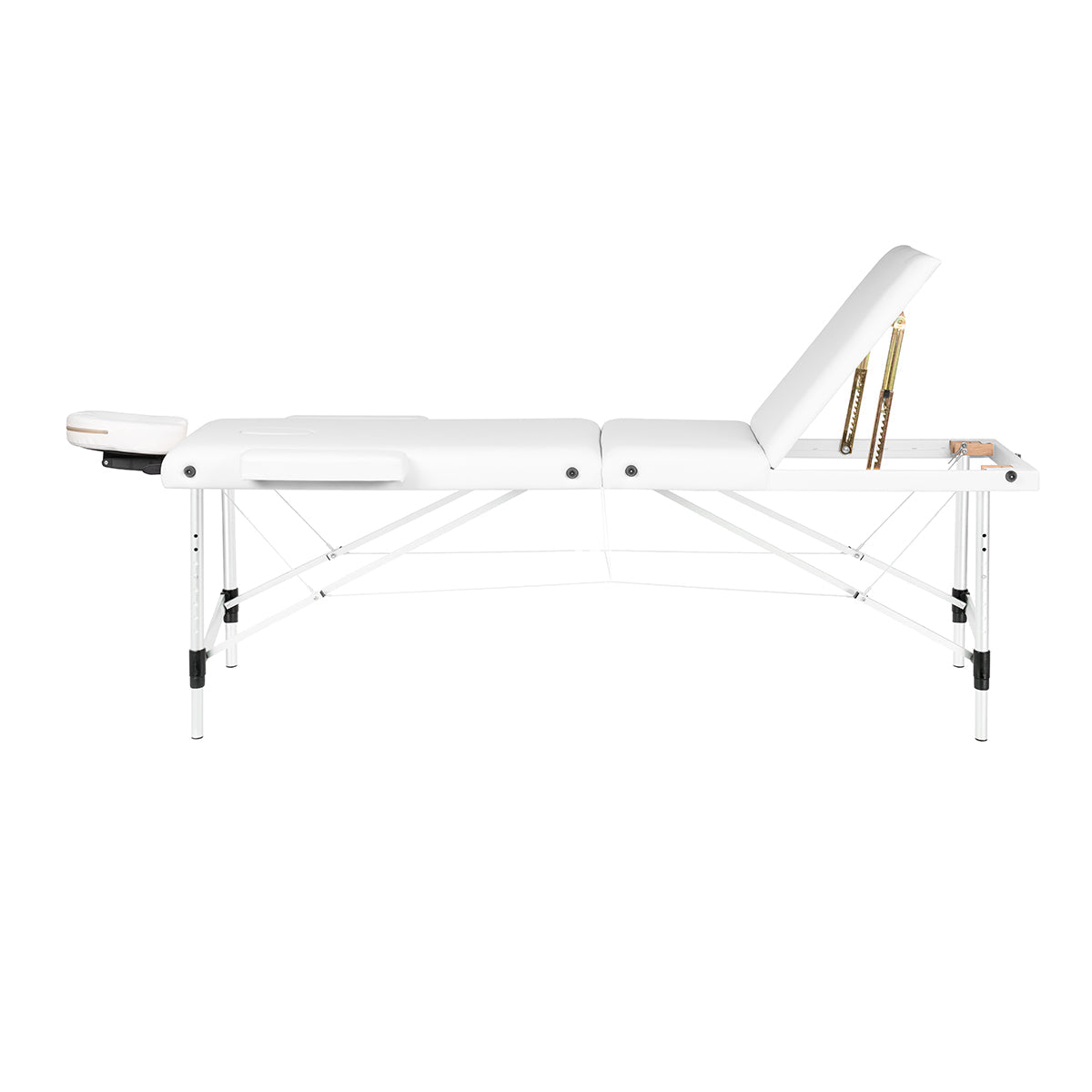 White BALANCE aluminium folding massage table with three-segment design, lightweight and portable massage furniture for therapy sessions.