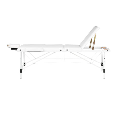 White BALANCE aluminium folding massage table with three-segment design, lightweight and portable massage furniture for therapy sessions.