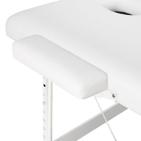 BALANCE aluminium folding massage table with three segments in white, featuring a sturdy frame and padded surface for comfort.