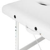 White BALANCE aluminium folding massage table with 3 segments, lightweight and portable massage furniture for professional use.