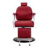 Gabbiano Elias red barber chair with plush upholstery and adjustable headrest, designed for barbershops and grooming salons.