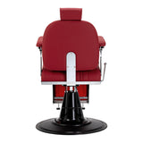 Red Gabbiano Elias barber chair with plush upholstery and chrome accents, designed for barbershops and grooming salons.