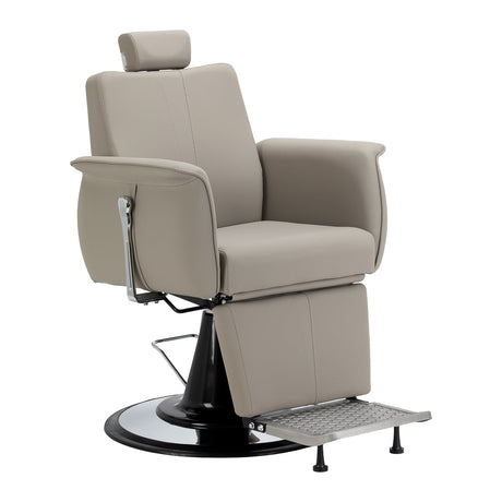 Gabbiano Athena grey barber chair with padded seat and backrest, adjustable headrest, and chrome armrests for barbershop use