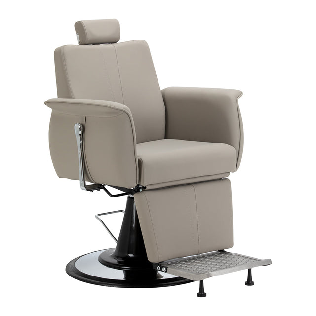 Gabbiano Athena grey barber chair with padded seat and backrest, adjustable headrest, and chrome armrests for barbershop use