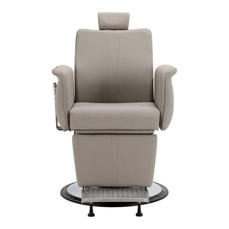 Gabbiano Athena grey barber chair with padded seat, armrests, and adjustable headrest, designed for professional barbershops.
