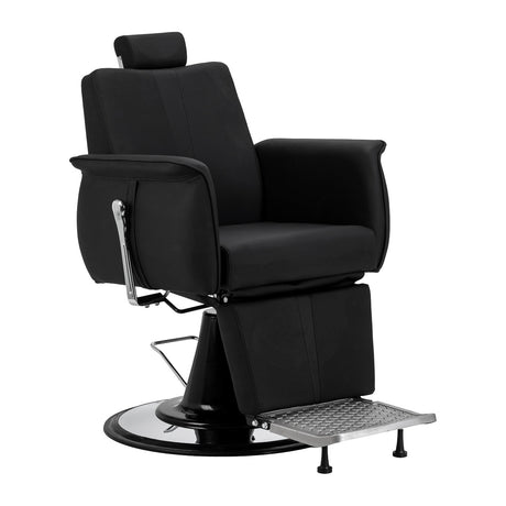 Black Gabbiano Athena barber chair with padded seat and backrest, featuring chrome armrests and base for barbershop furniture.