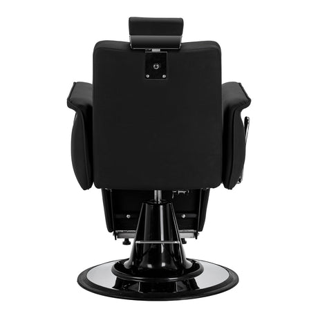 Black Gabbiano Athena barber chair with padded seat, backrest, and armrests, designed for barbershop furniture.