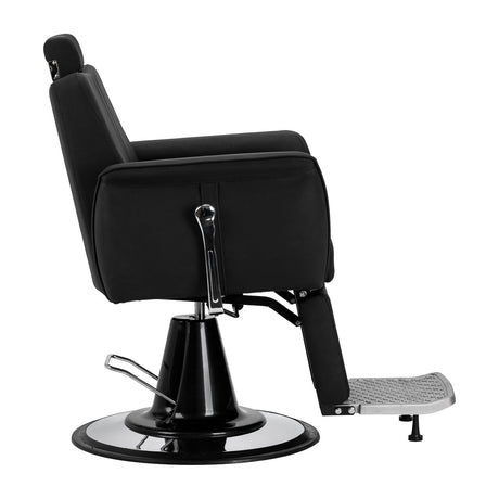 Gabbiano Athena black barber chair with padded seat and backrest, chrome armrests, and hydraulic adjustable height for barbershop use.