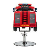 Red kids salon chair with fire truck steering wheel and seatbelts