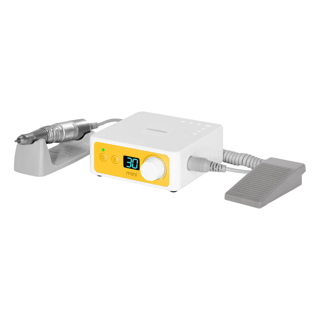 Yellow Saeyang Marathon K35 mini nail drill machine with H200 handpiece, compact design for professional nail care.