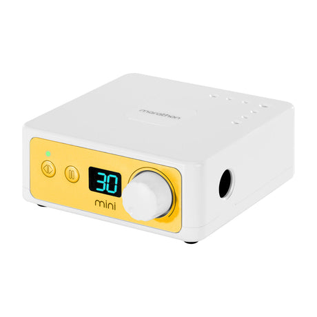Saeyang Marathon K35 mini yellow nail drill machine with H200 handpiece, compact electric manicure and pedicure tool.