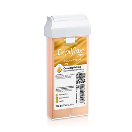 Depilflax 100 gold wax roll for hair removal, 110g, showing the sleek gold wax roll in a close-up image.