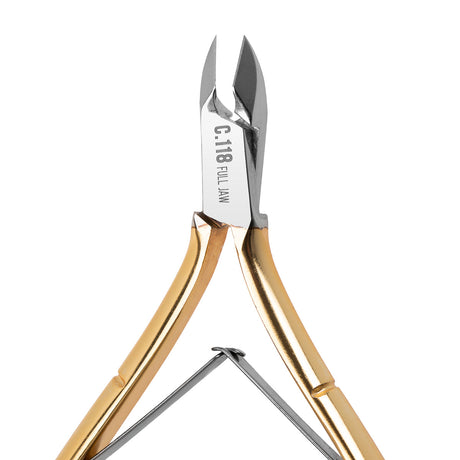 Close-up of NGHIA Nghia export cuticle nippers model C-118 with sharp, stainless steel blades for precise cuticle trimming.