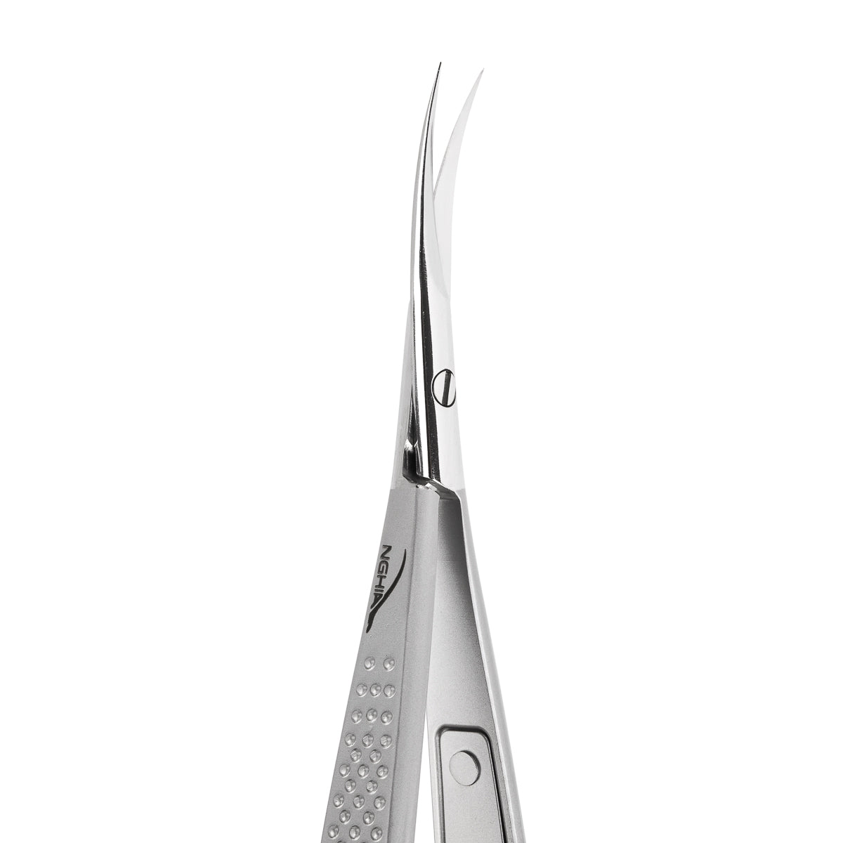 NGHIA KDN.720 spring-loaded cuticle scissors with sharp blades for precise nail cuticle trimming, stainless steel construction.