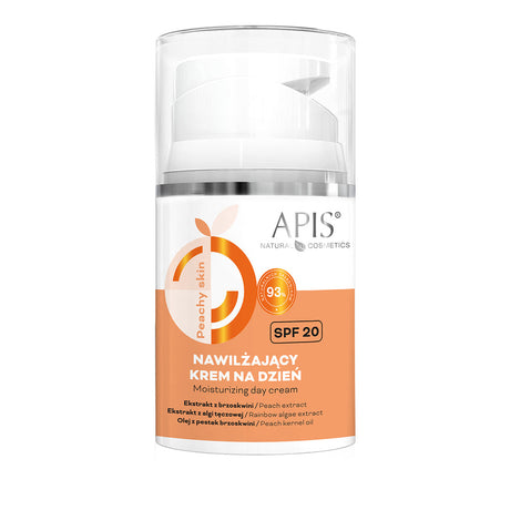 APIS Peachy Skin Moisturizing Day Cream SPF 20 in 50ml jar, visible creamy texture with peach-colored packaging.