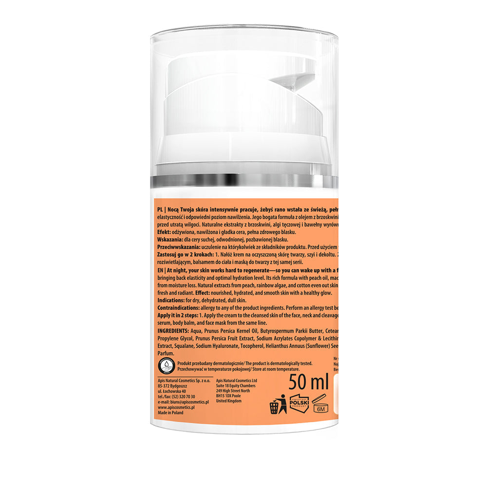 Apis Peachy Skin Nourishing Night Cream in a 50ml jar, featuring smooth, creamy texture and peach-colored packaging.