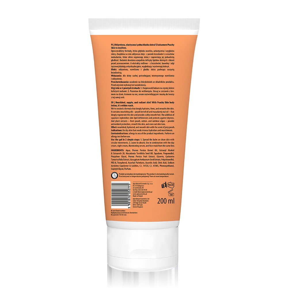 Apis Peachy Skin moisturizing body lotion in 200 ml bottle, featuring peach scent and smooth texture.