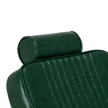 Green GABBIANO Royal X barber chair with padded armrests, adjustable headrest, and sturdy metal base for professional barbershop use.