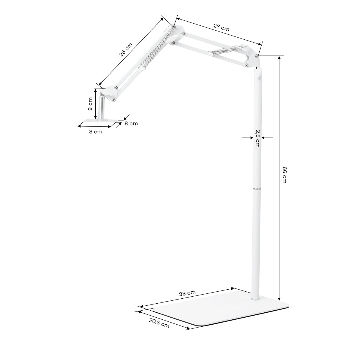 GLOW ρυθμιζόμενη βάση λάμπας UV/LED πεντικιούρ – Λευκή; σχέδιο διαστάσεων, βάση 33 × 20,5 cm