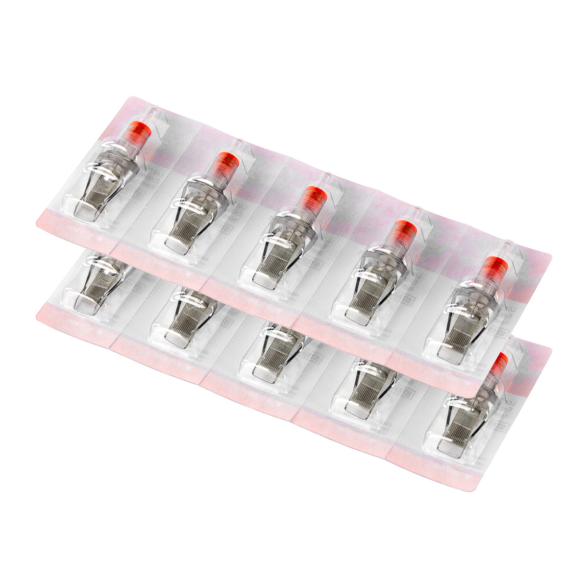 Set of 10 EL CARTEL V2 0.35mm 27RM ShortTaper tattoo cartridges with precise needle tips for professional tattooing.