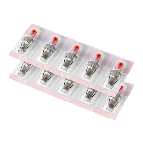 Set of 10 EL CARTEL V2 0.35mm 27RM ShortTaper tattoo cartridges with precise needle tips for professional tattooing.