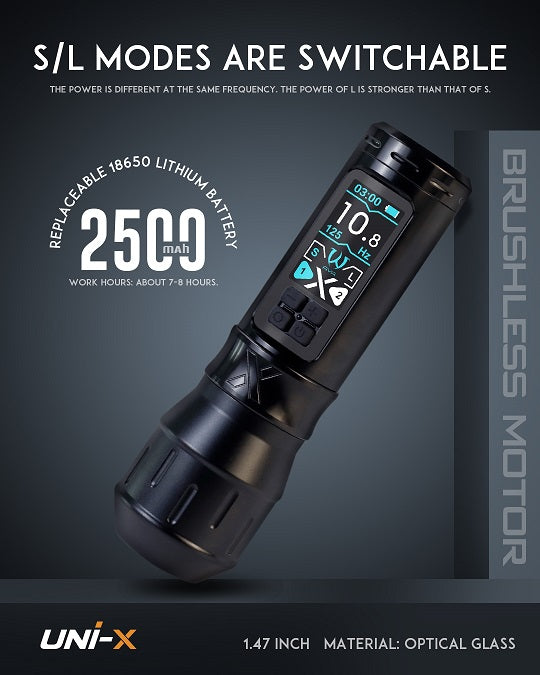Wireless AVA UNI-X tattoo pen machine with ergonomic grip and sleek design, ideal for professional tattoo artists.
