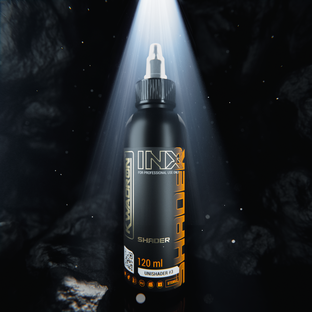 Kwadron INX UniShader #3 tattoo pigment bottle, 120ml or 240ml, with vibrant ink visible in a professional tattooing setup.