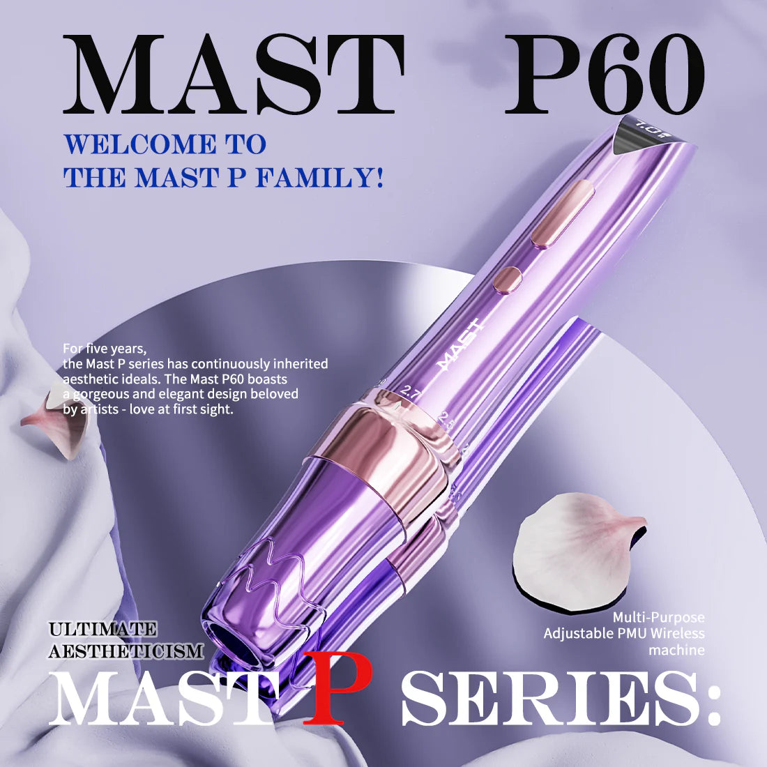 Pink Mast P60 Diamond Edition wireless tattoo machine with ergonomic grip and sleek design, ready for professional tattooing.