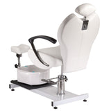White pedicure chair with built-in foot massager from Beauty System, featuring comfortable seating and modern design.