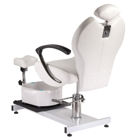 White pedicure chair with built-in foot massager from Beauty System, featuring comfortable seating and modern design.