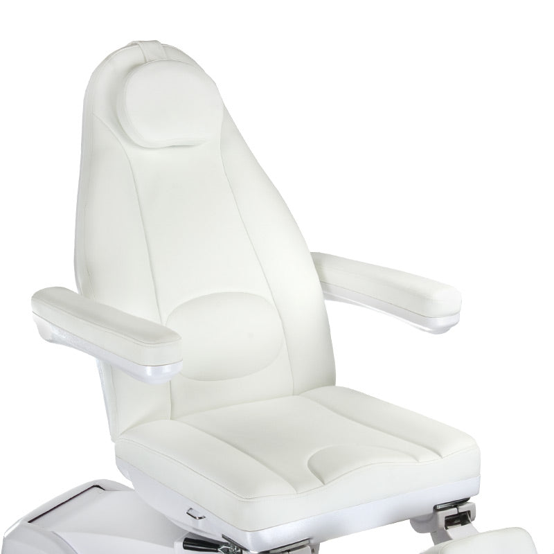 Electric beauty salon chair in light grey by Beauty System, featuring a cushioned seat and adjustable headrest for professional use.