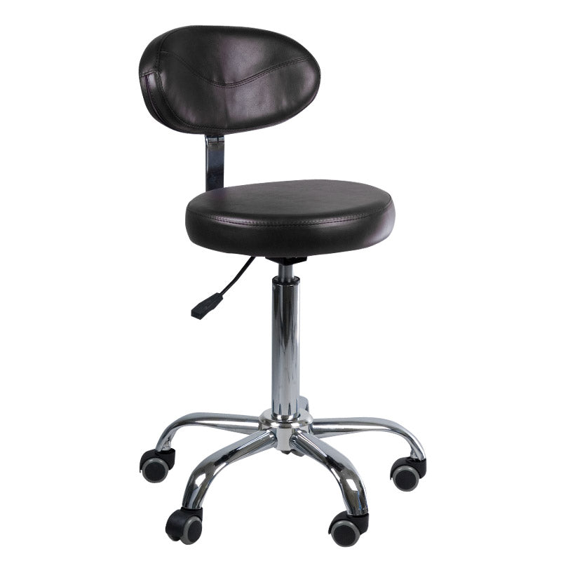 Black cosmetology stool with backrest, branded Beauty System BD-9934, featuring adjustable height and padded seat for salon use.