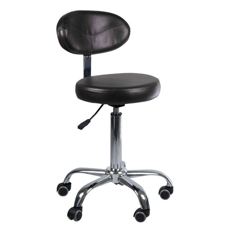 Black cosmetology stool with backrest, branded Beauty System BD-9934, featuring adjustable height and padded seat for salon use.