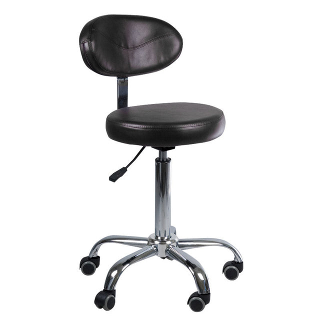 Black cosmetology stool with backrest, branded Beauty System BD-9934, featuring adjustable height and padded seat for salon use.