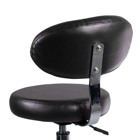 Black cosmetology stool with backrest, adjustable height, and cushioned seat by Beauty System for salon or spa use.