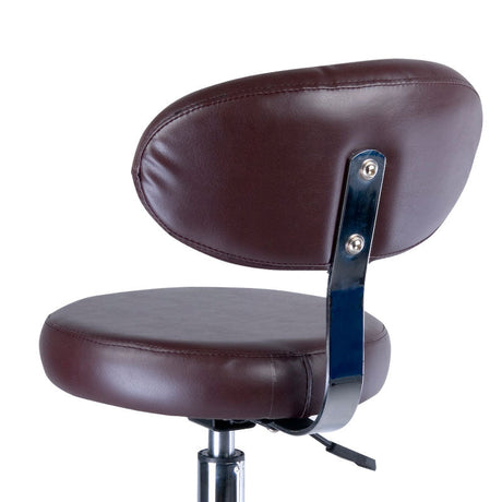 Beauty System cosmetic stool with backrest, brown upholstery, adjustable height, ergonomic design for salon or spa use.